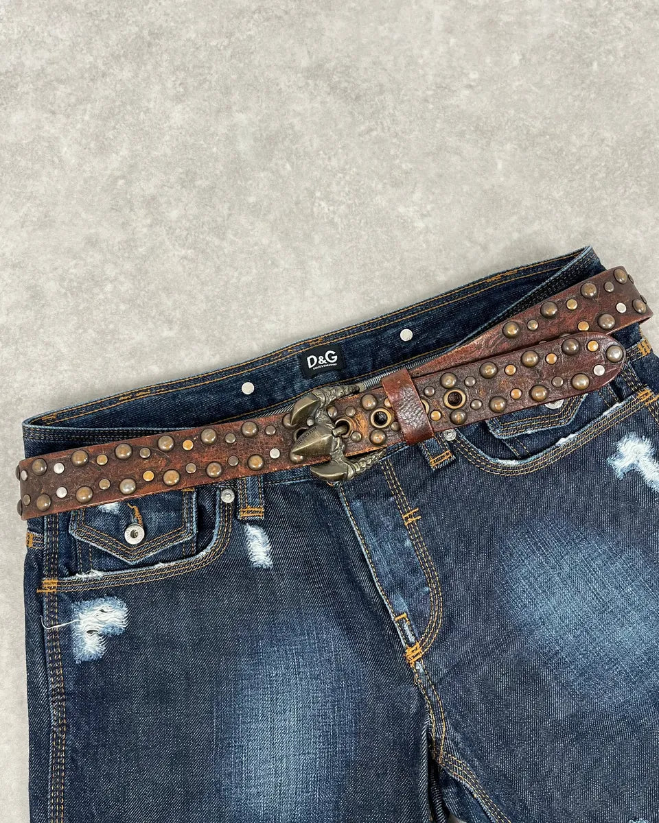 2000s Cavalli Dragon Claw Buckle Brown Studded Leather Belt KIbEvVb 0