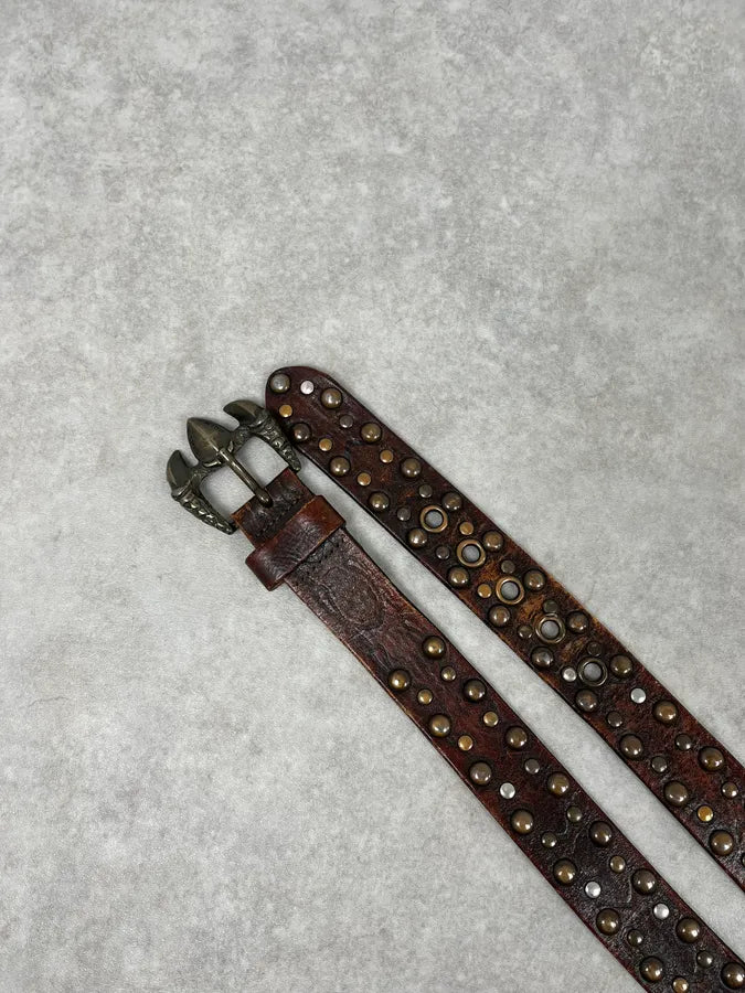 2000s Cavalli Dragon Claw Buckle Brown Studded Leather Belt KIbEvVb 3