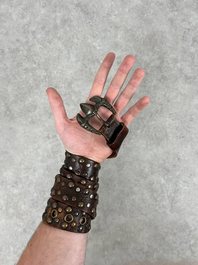 2000s Cavalli Dragon Claw Buckle Brown Studded Leather Belt KIbEvVb 1