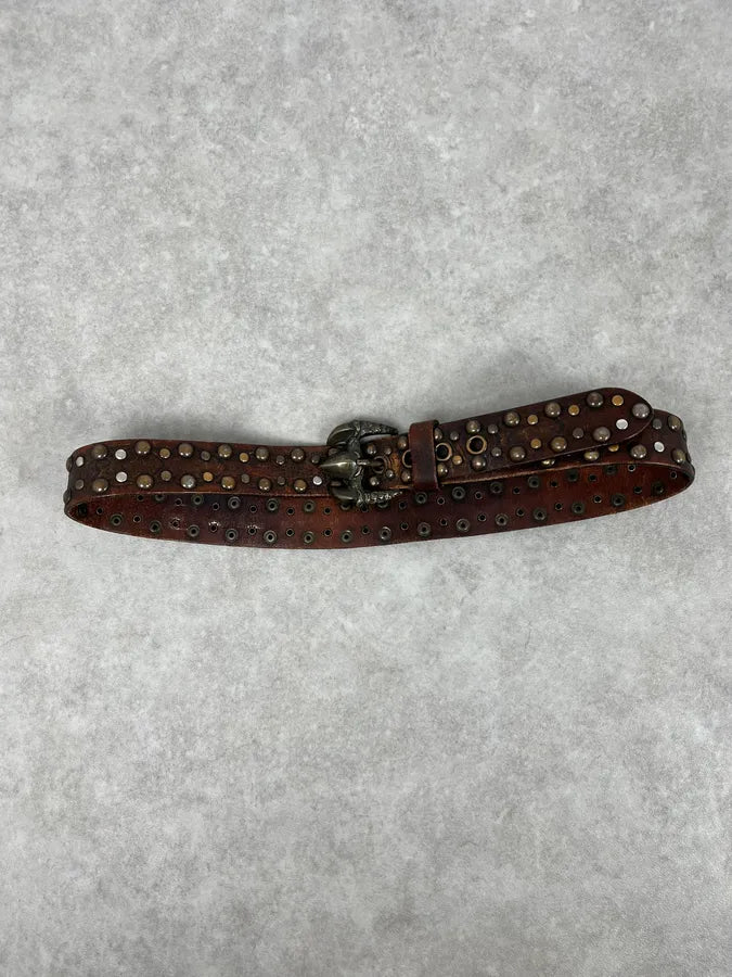 2000s Cavalli Dragon Claw Buckle Brown Studded Leather Belt KIbEvVb 2
