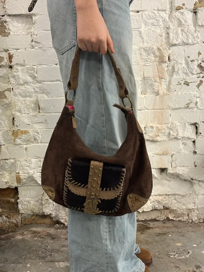 2000s Cavalli Brown Suede Leather & Fur Handle Bag dODqZcV 1