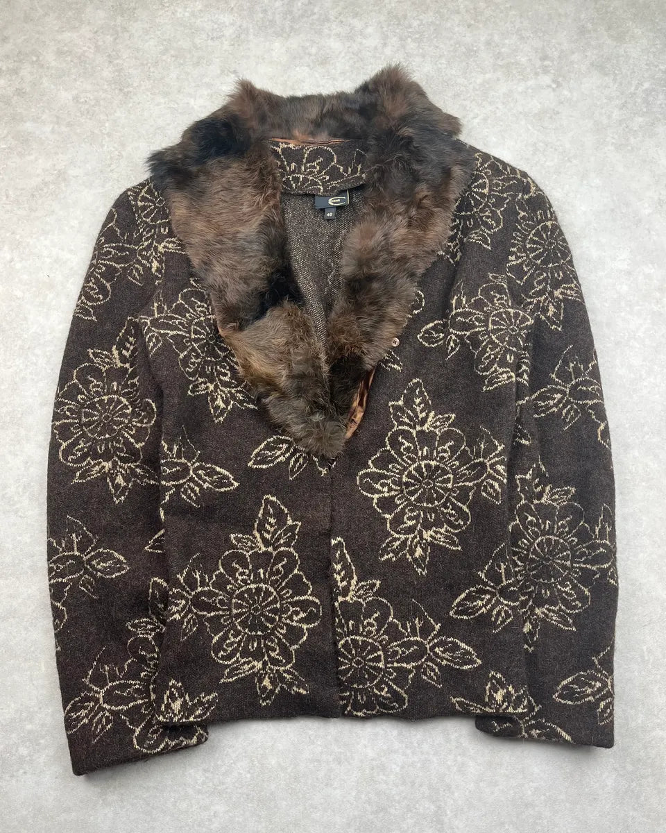 2000s Cavalli Brown Wool Alpaca Floral Removable Fur Collar Cardigan ReRgHiC 0