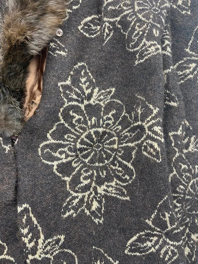 2000s Cavalli Brown Wool Alpaca Floral Removable Fur Collar Cardigan ReRgHiC 8