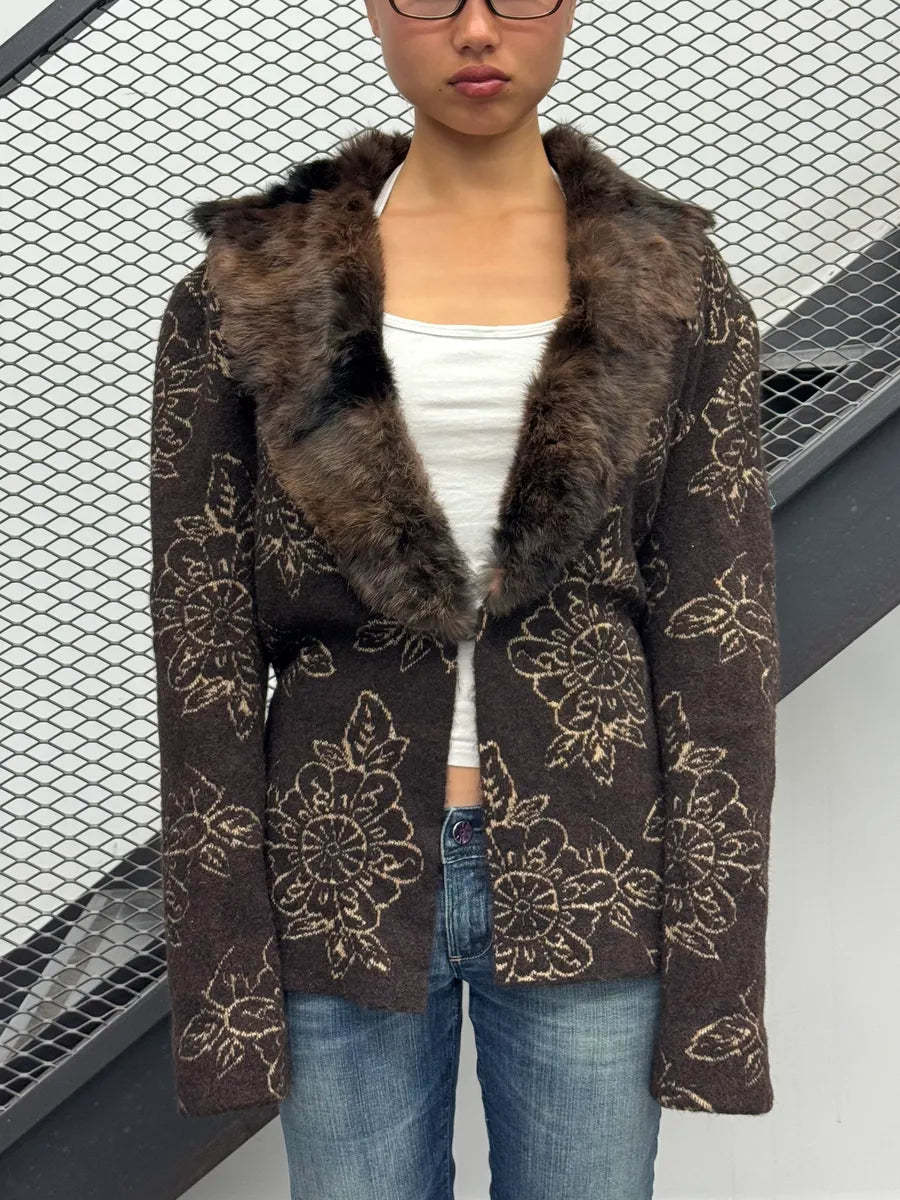 2000s Cavalli Brown Wool Alpaca Floral Removable Fur Collar Cardigan ReRgHiC 1