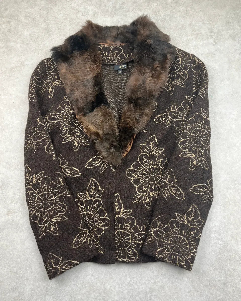 2000s Cavalli Brown Wool Alpaca Floral Removable Fur Collar Cardigan ReRgHiC 3