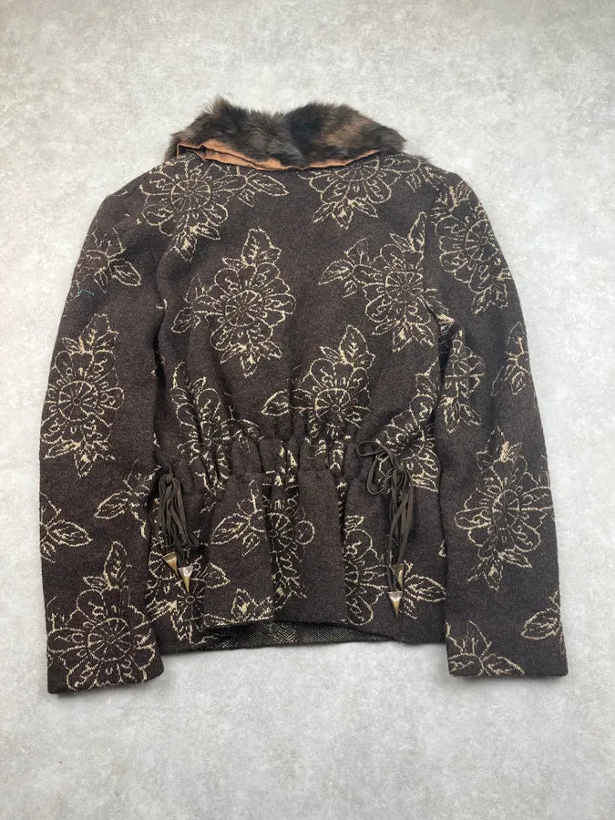 2000s Cavalli Brown Wool Alpaca Floral Removable Fur Collar Cardigan ReRgHiC 5