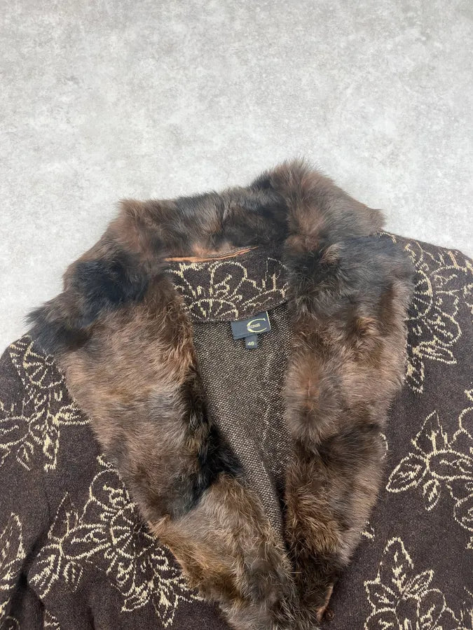 2000s Cavalli Brown Wool Alpaca Floral Removable Fur Collar Cardigan ReRgHiC 4