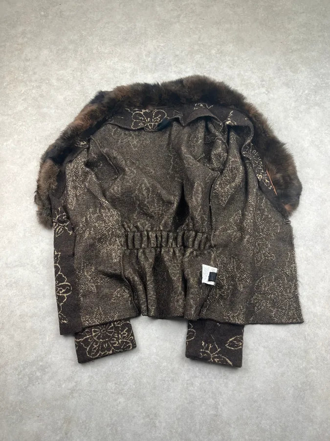 2000s Cavalli Brown Wool Alpaca Floral Removable Fur Collar Cardigan ReRgHiC 9