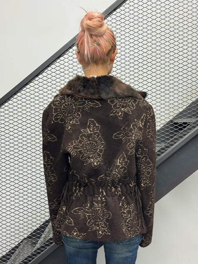 2000s Cavalli Brown Wool Alpaca Floral Removable Fur Collar Cardigan ReRgHiC 2