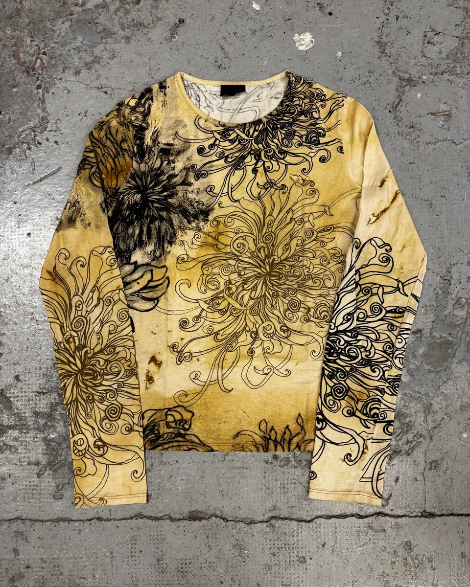 2000s Cavalli Chinese Ink Flowers Beige Longsleeves btzRvyk 0