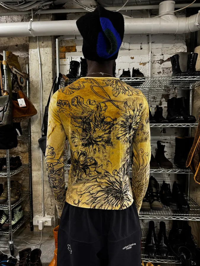 2000s Cavalli Chinese Ink Flowers Beige Longsleeves btzRvyk 4