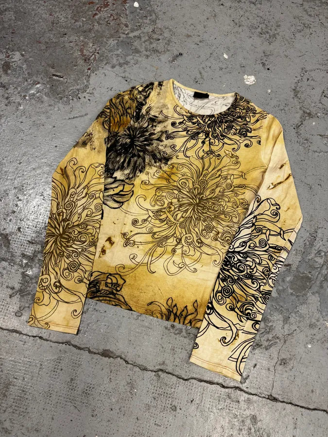 2000s Cavalli Chinese Ink Flowers Beige Longsleeves btzRvyk 2