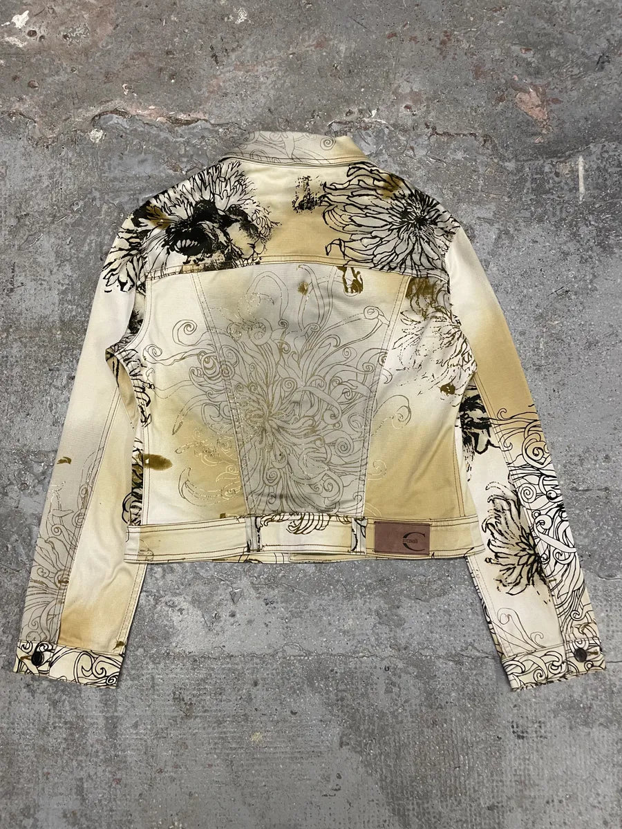 2000s Cavalli Chinese Ink Flowers Cropped Beige Jacket (XS/S) UxBfRLE 2