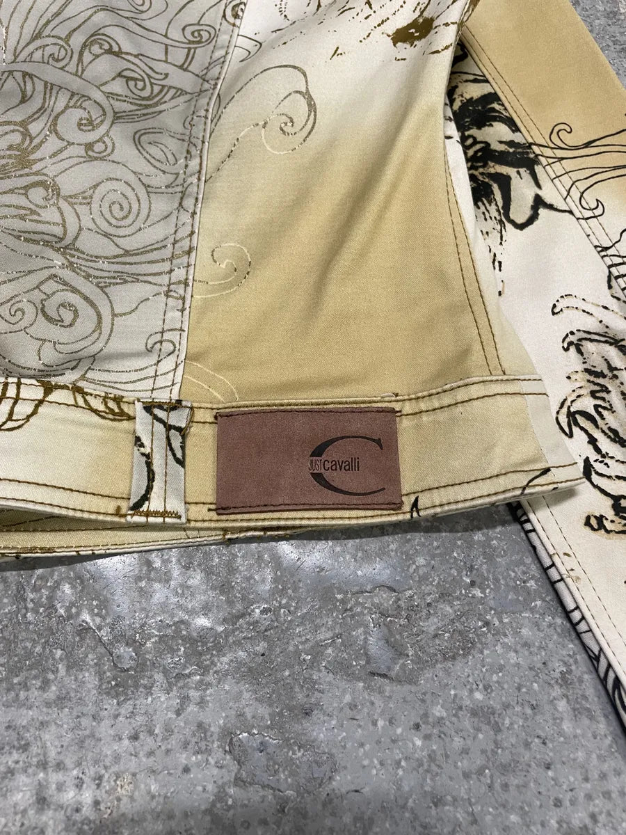 2000s Cavalli Chinese Ink Flowers Cropped Beige Jacket (XS/S) UxBfRLE 10