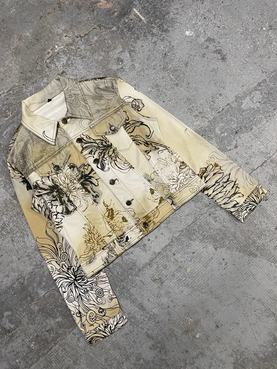 2000s Cavalli Chinese Ink Flowers Cropped Beige Jacket (XS/S) UxBfRLE 12