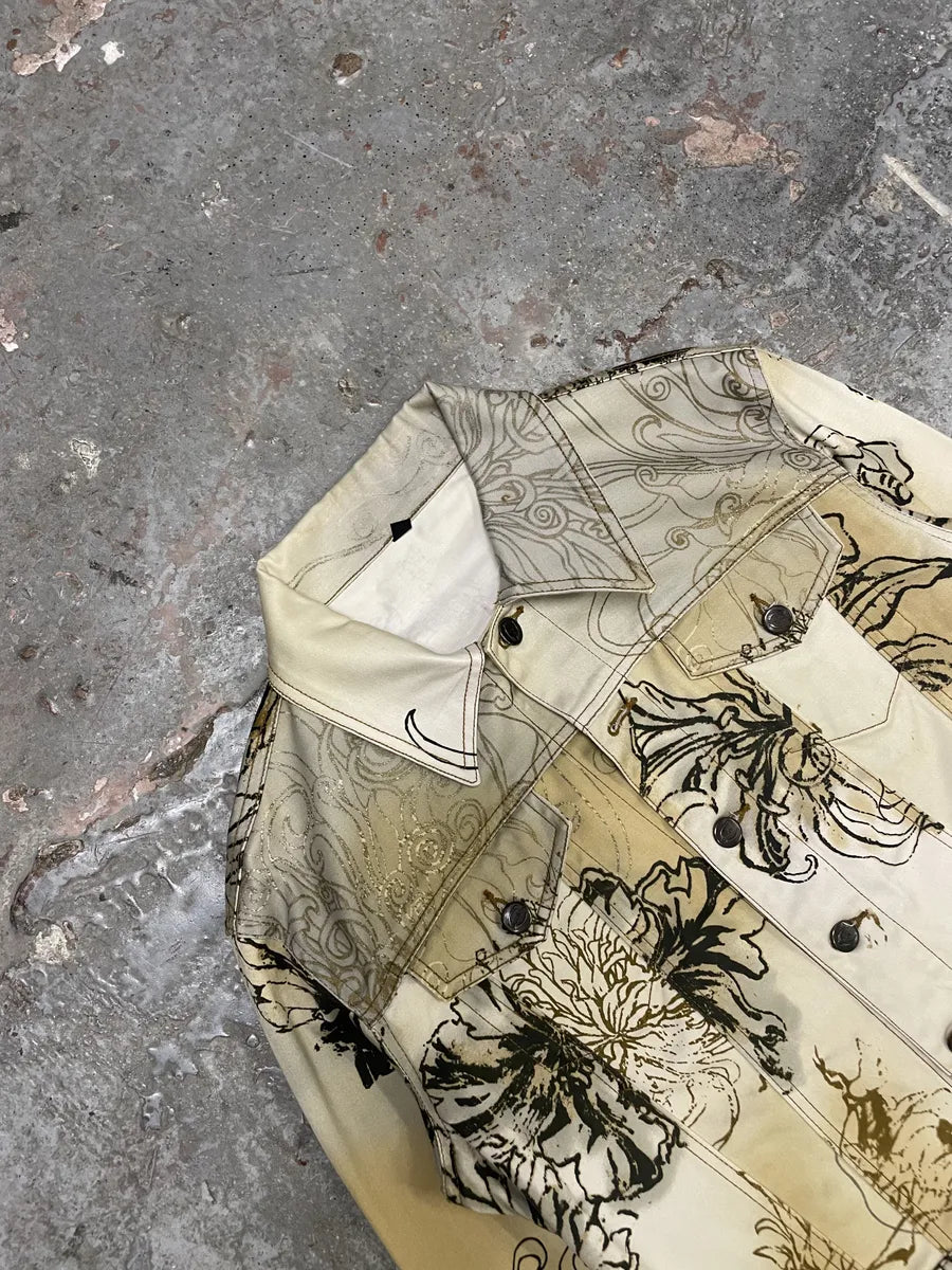 2000s Cavalli Chinese Ink Flowers Cropped Beige Jacket (XS/S) UxBfRLE 4