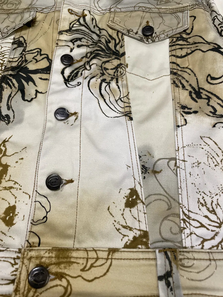 2000s Cavalli Chinese Ink Flowers Cropped Beige Jacket (XS/S) UxBfRLE 5