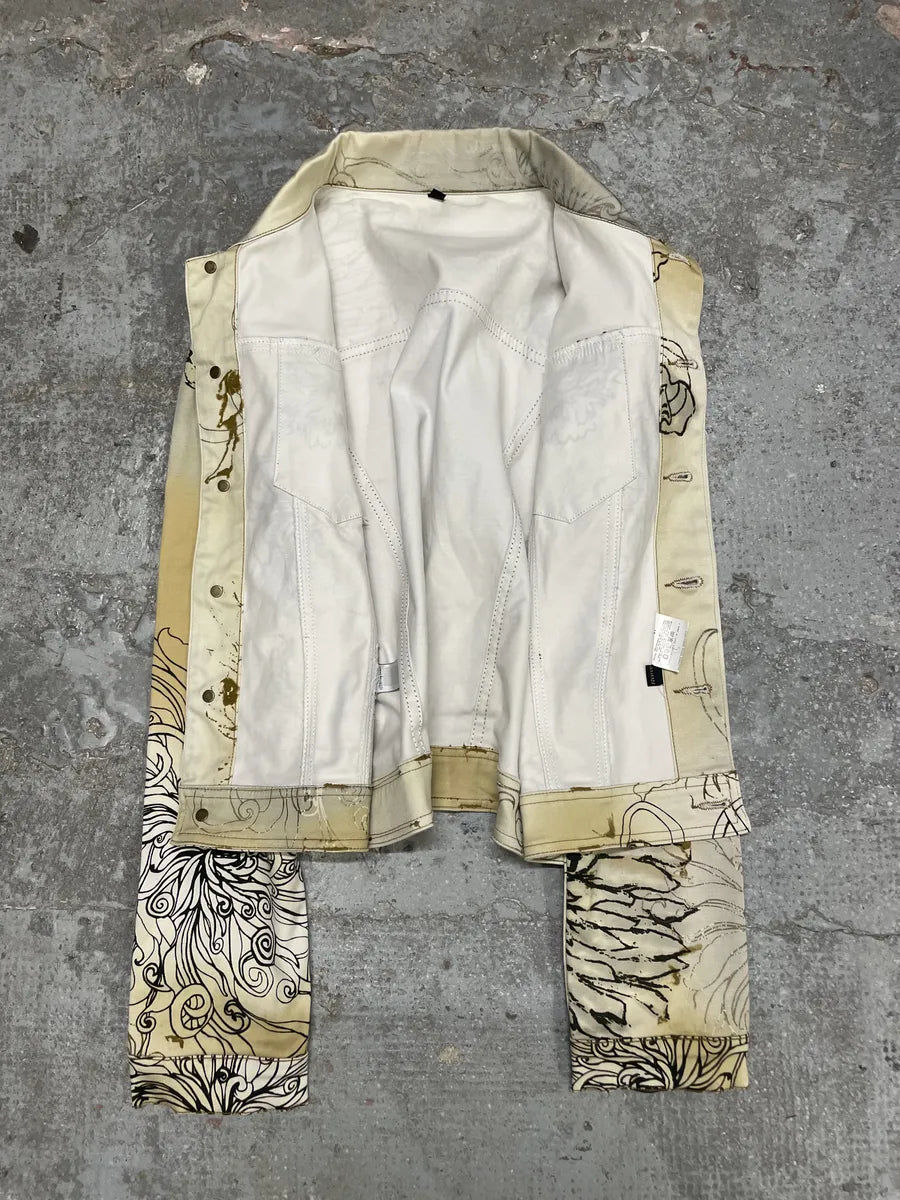 2000s Cavalli Chinese Ink Flowers Cropped Beige Jacket (XS/S) UxBfRLE 6