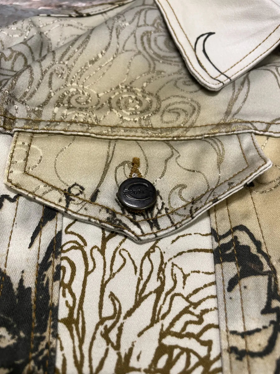 2000s Cavalli Chinese Ink Flowers Cropped Beige Jacket (XS/S) UxBfRLE 7