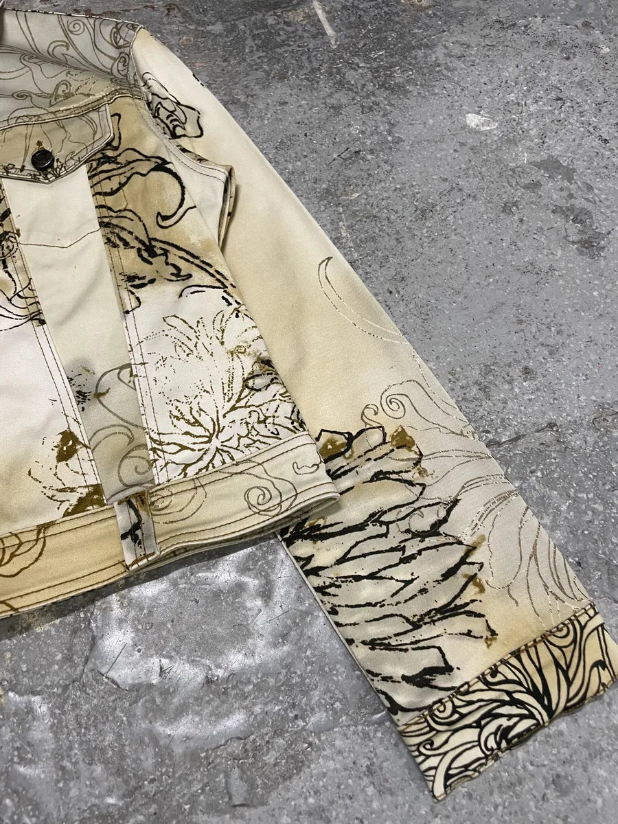 2000s Cavalli Chinese Ink Flowers Cropped Beige Jacket (XS/S) UxBfRLE 8