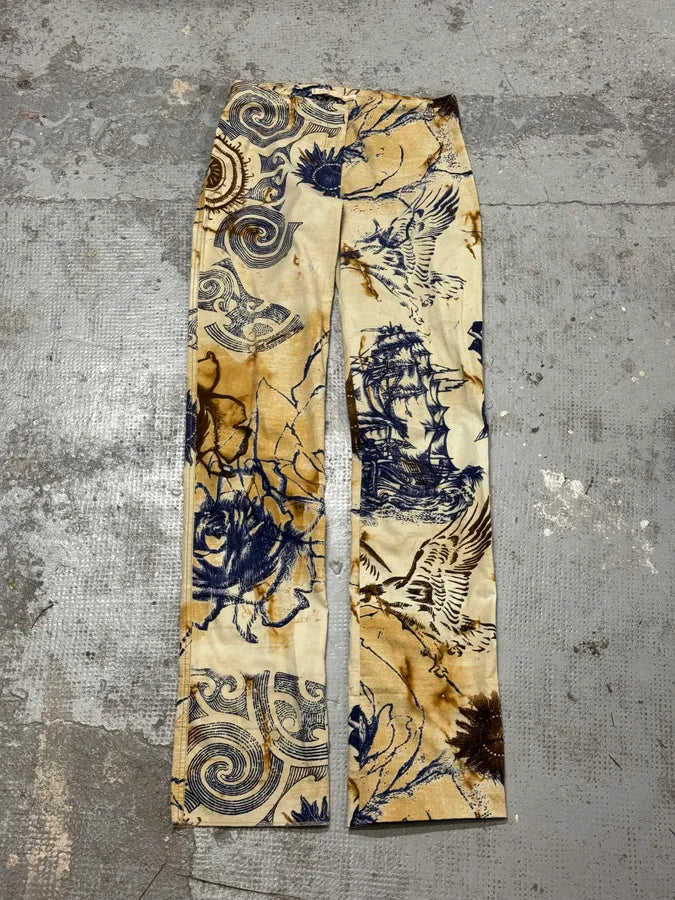 2000s Cavalli Class Eagle Boat Tatoo Beige Pants zDPzgmU 0