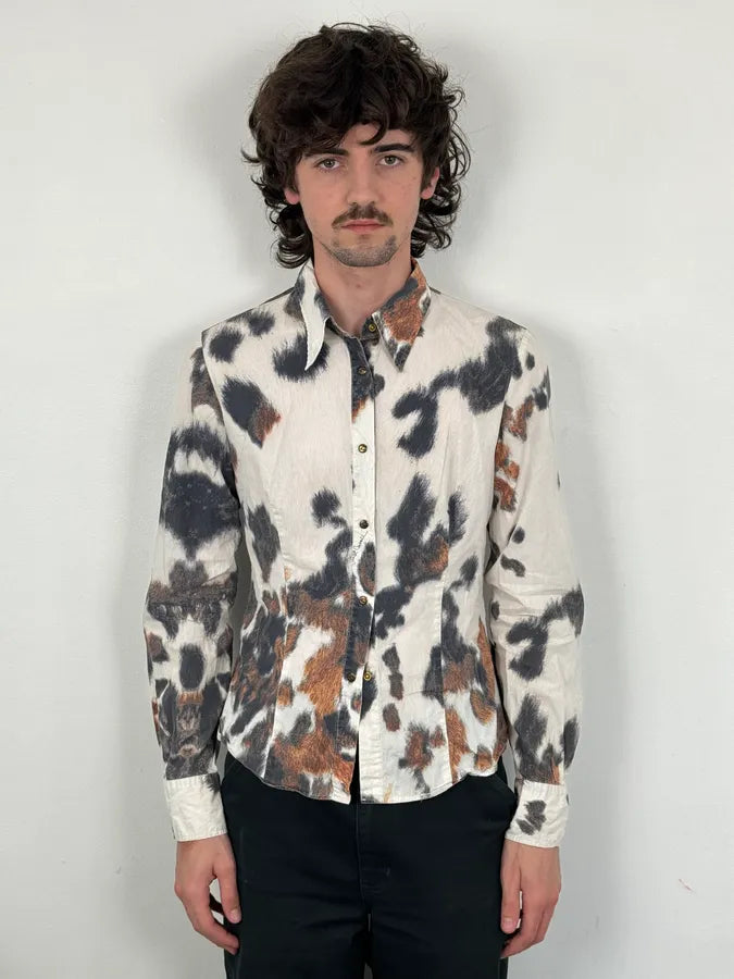 SS2004 Cavalli White & Brown Cow Print Shirt uWvAuyE 1