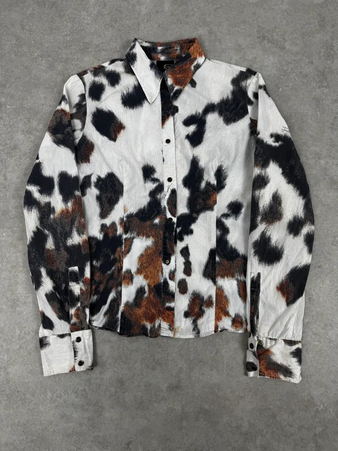 SS2004 Cavalli White & Brown Cow Print Shirt uWvAuyE 0