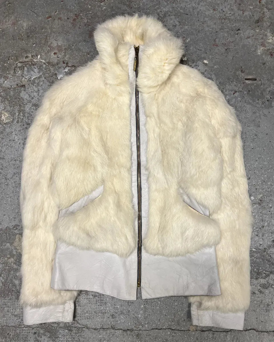 2000s Cavalli Creamy Rabbit Fur Avant-garde Leather Jacket fDOsRPi 0