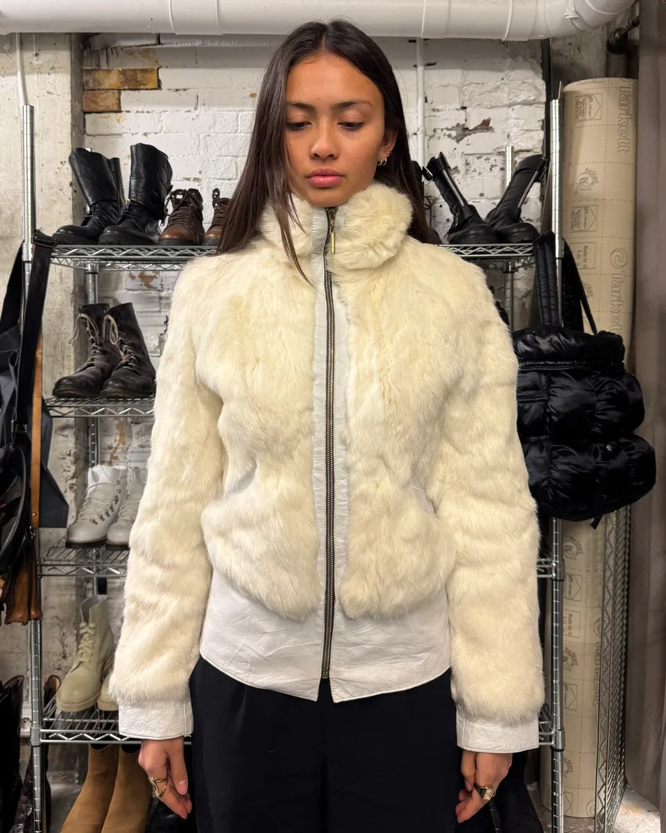 2000s Cavalli Creamy Rabbit Fur Avant-garde Leather Jacket fDOsRPi 1
