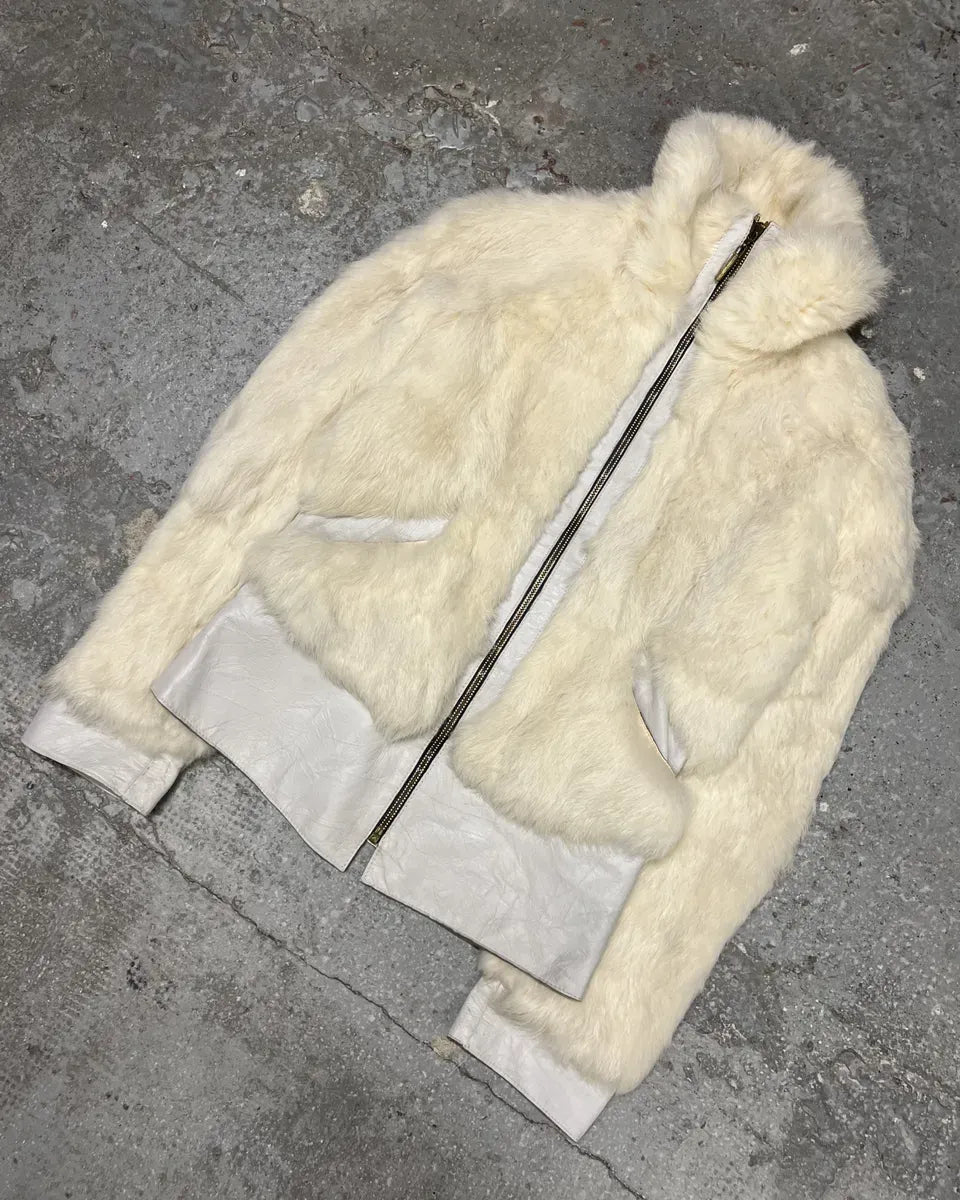 2000s Cavalli Creamy Rabbit Fur Avant-garde Leather Jacket fDOsRPi 6