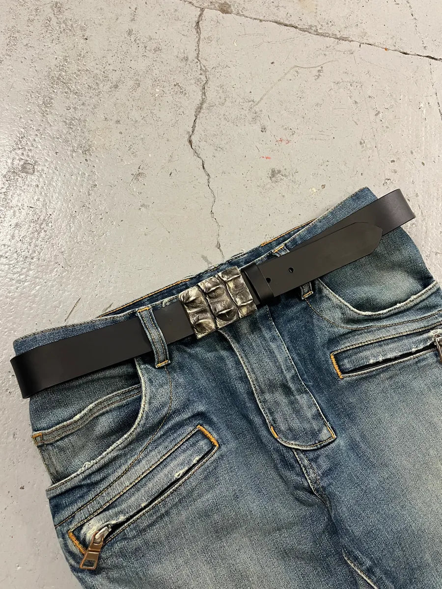 2000s Cavalli Crocodile Effect Buckle Black Leather Belt  uuOJQek 0