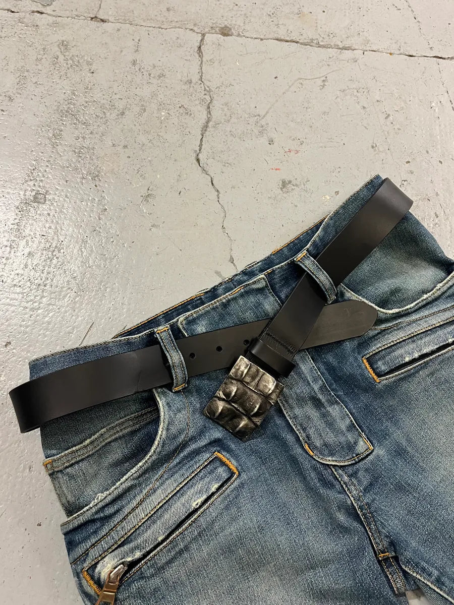 2000s Cavalli Crocodile Effect Buckle Black Leather Belt  uuOJQek 1