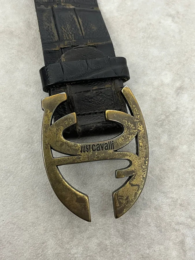 2000s Cavalli Crocodile Embossed Black & Brown Leather Belt Yambzey 3