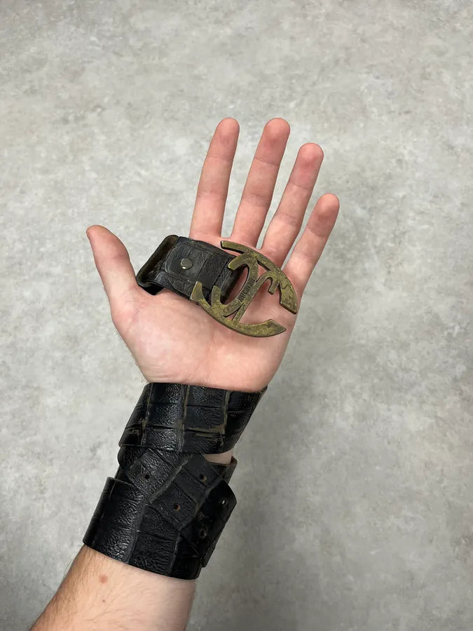 2000s Cavalli Crocodile Embossed Black & Brown Leather Belt Yambzey 0