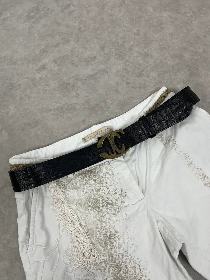 2000s Cavalli Crocodile Embossed Black & Brown Leather Belt Yambzey 1