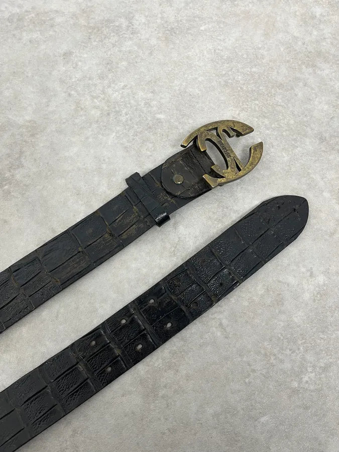 2000s Cavalli Crocodile Embossed Black & Brown Leather Belt Yambzey 2