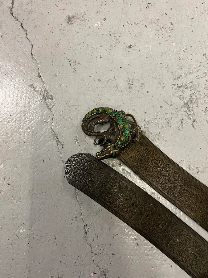 2000s Cavalli Crocodile Paved Green Crystal Buckle Leather Belt jbWVqYr 2