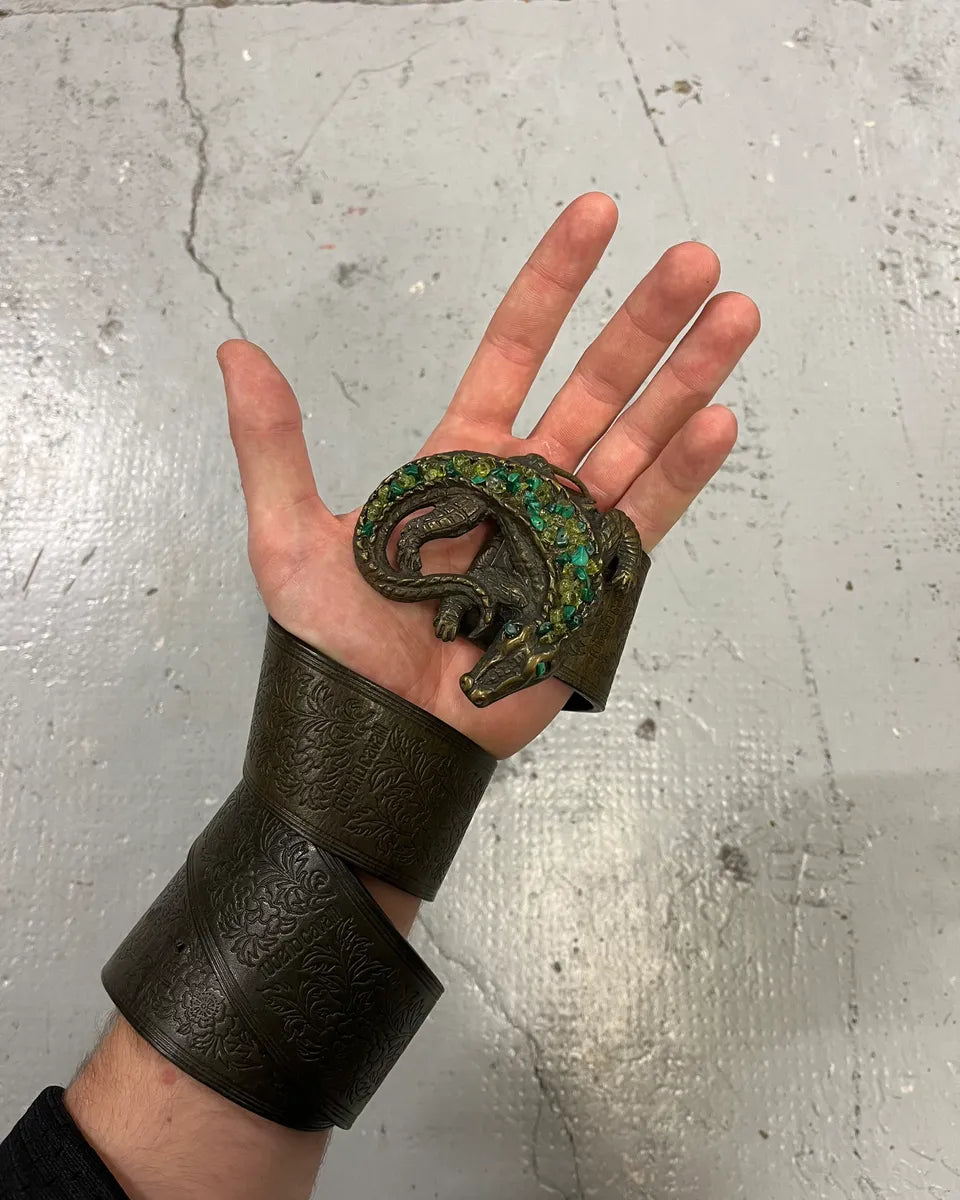 2000s Cavalli Crocodile Paved Green Crystal Buckle Leather Belt jbWVqYr 0