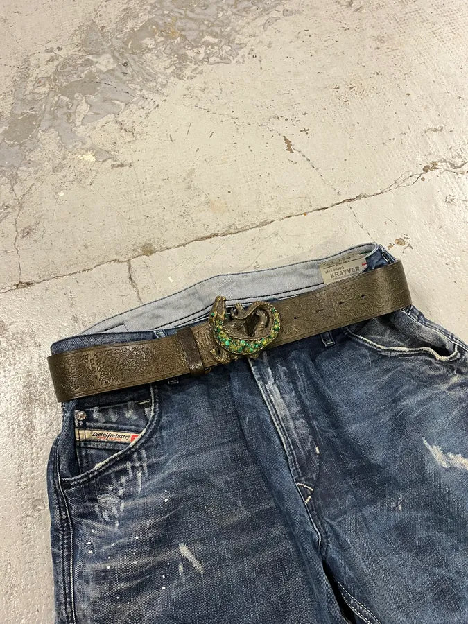 2000s Cavalli Crocodile Paved Green Crystal Buckle Leather Belt jbWVqYr 1