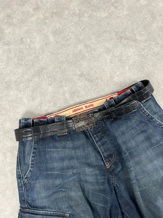 2000s Cavalli Crocodile Skin Buckle Black Leather Belt sqnbWwn 0