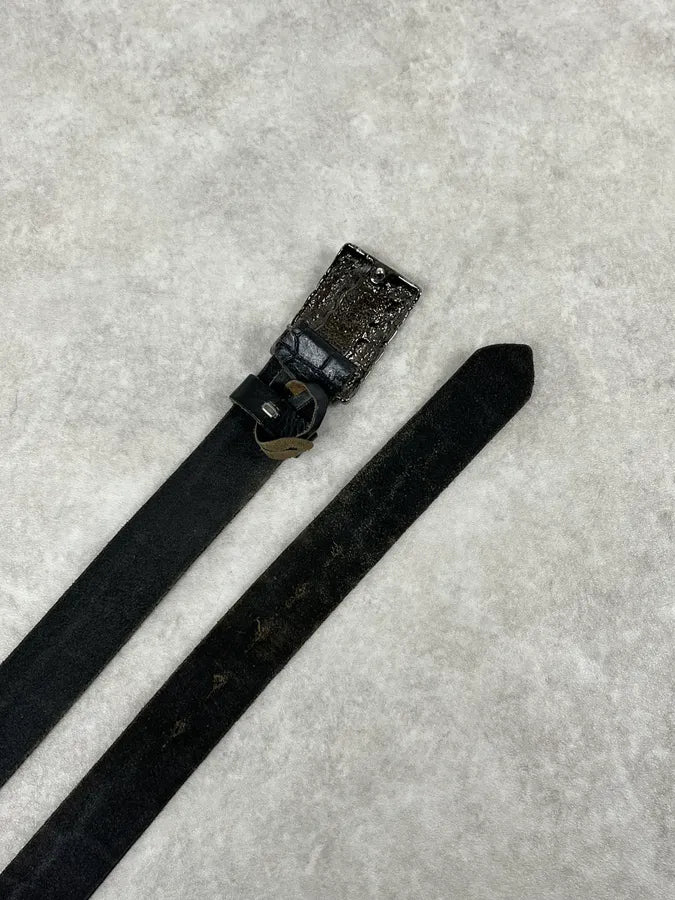2000s Cavalli Crocodile Skin Buckle Black Leather Belt sqnbWwn 3