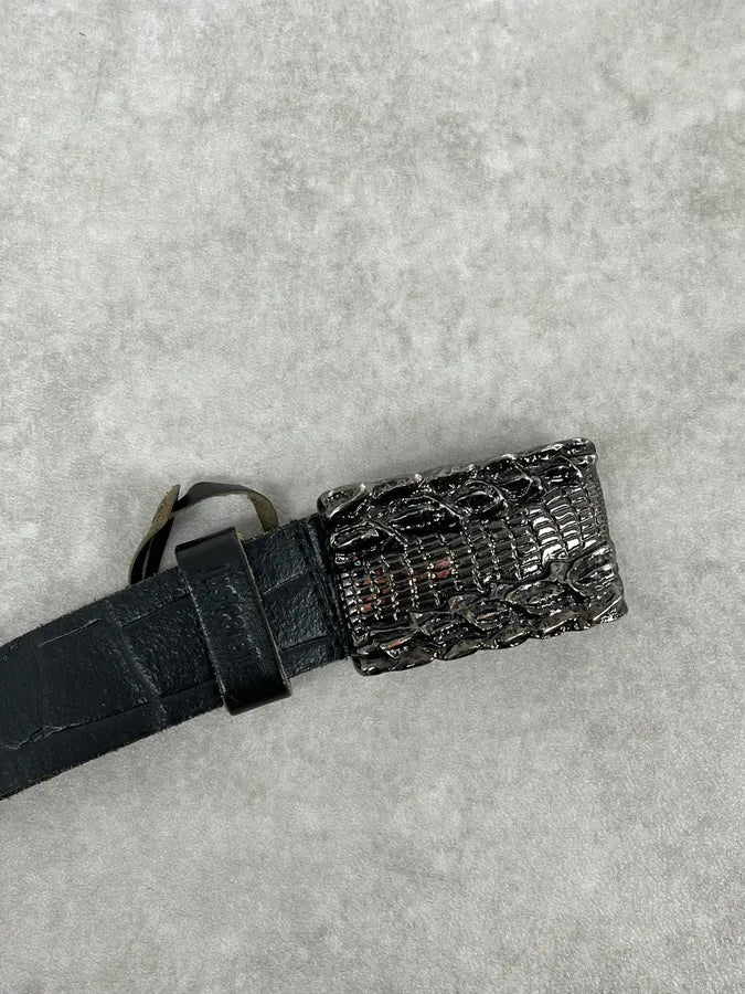 2000s Cavalli Crocodile Skin Buckle Black Leather Belt sqnbWwn 4