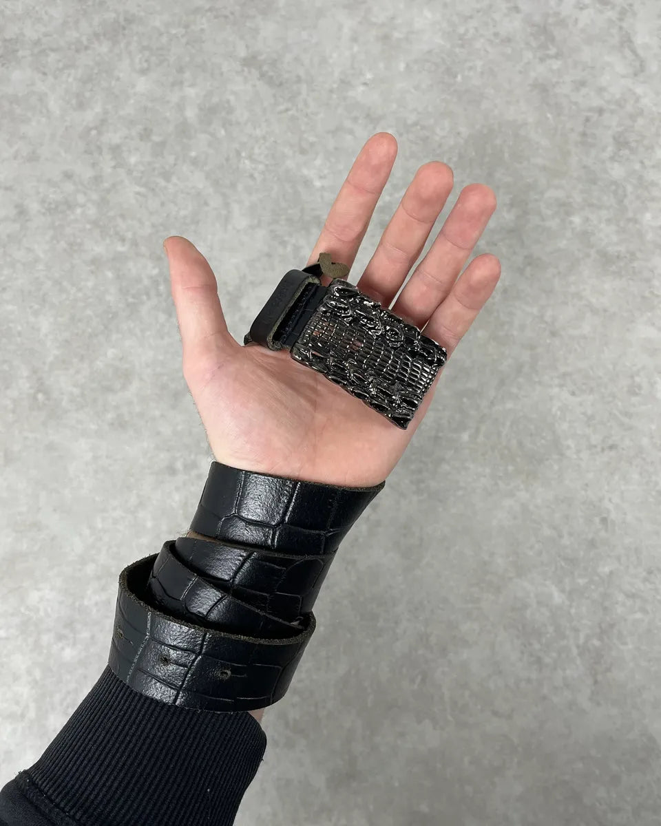 2000s Cavalli Crocodile Skin Buckle Black Leather Belt sqnbWwn 1