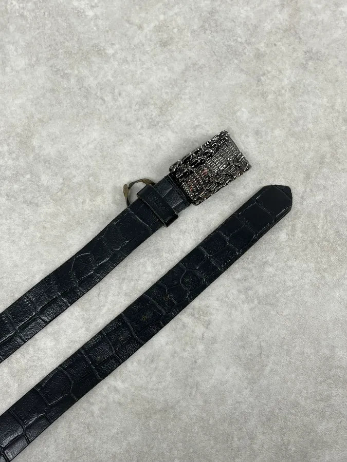 2000s Cavalli Crocodile Skin Buckle Black Leather Belt sqnbWwn 5