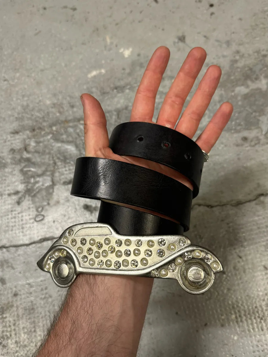 2000s Cavalli Crystal Effect Car Buckle Leather Belt (OS) rPpQGPf 1