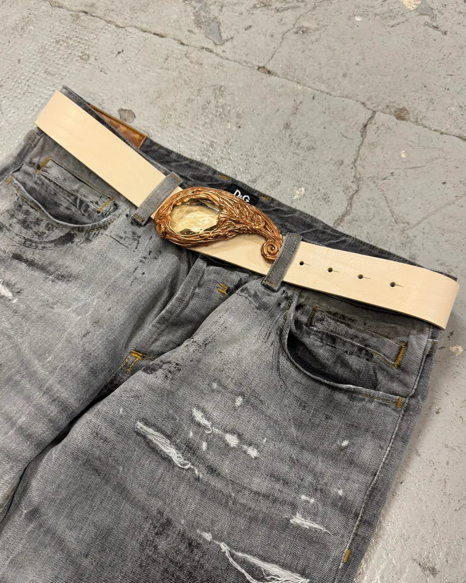 2000s Cavalli Crystal Metal Buckle White Leather Belt iInmoly 0