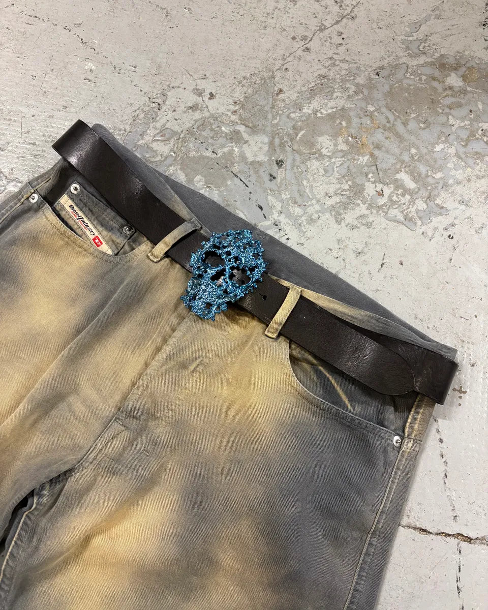 2000s Cavalli Deadskull Buckle Brown Leather Belt pArriOZ 0