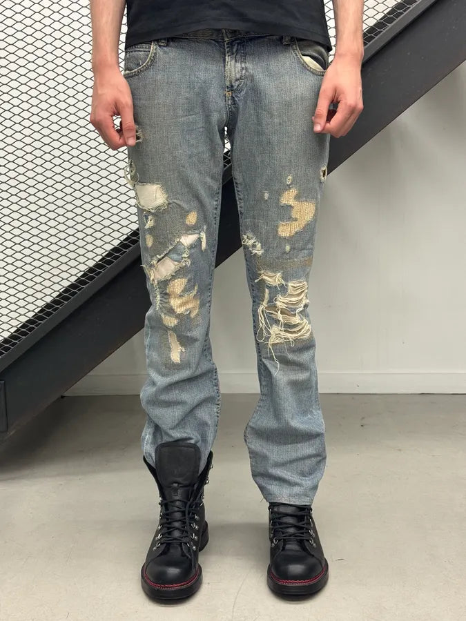 2000s Cavalli Distressed Pony Hair Band Light Blue Denim Jeans HWLEwNm 0