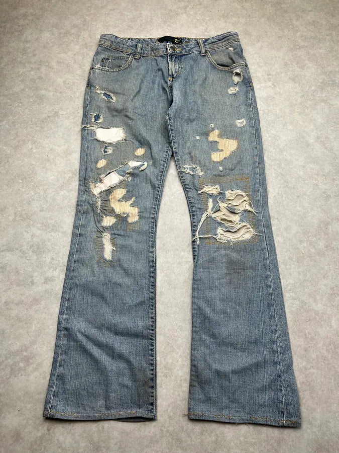 2000s Cavalli Distressed Pony Hair Band Light Blue Denim Jeans HWLEwNm 3