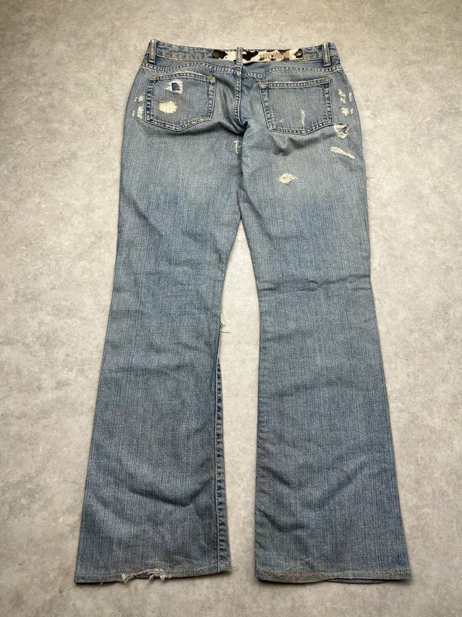 2000s Cavalli Distressed Pony Hair Band Light Blue Denim Jeans HWLEwNm 4